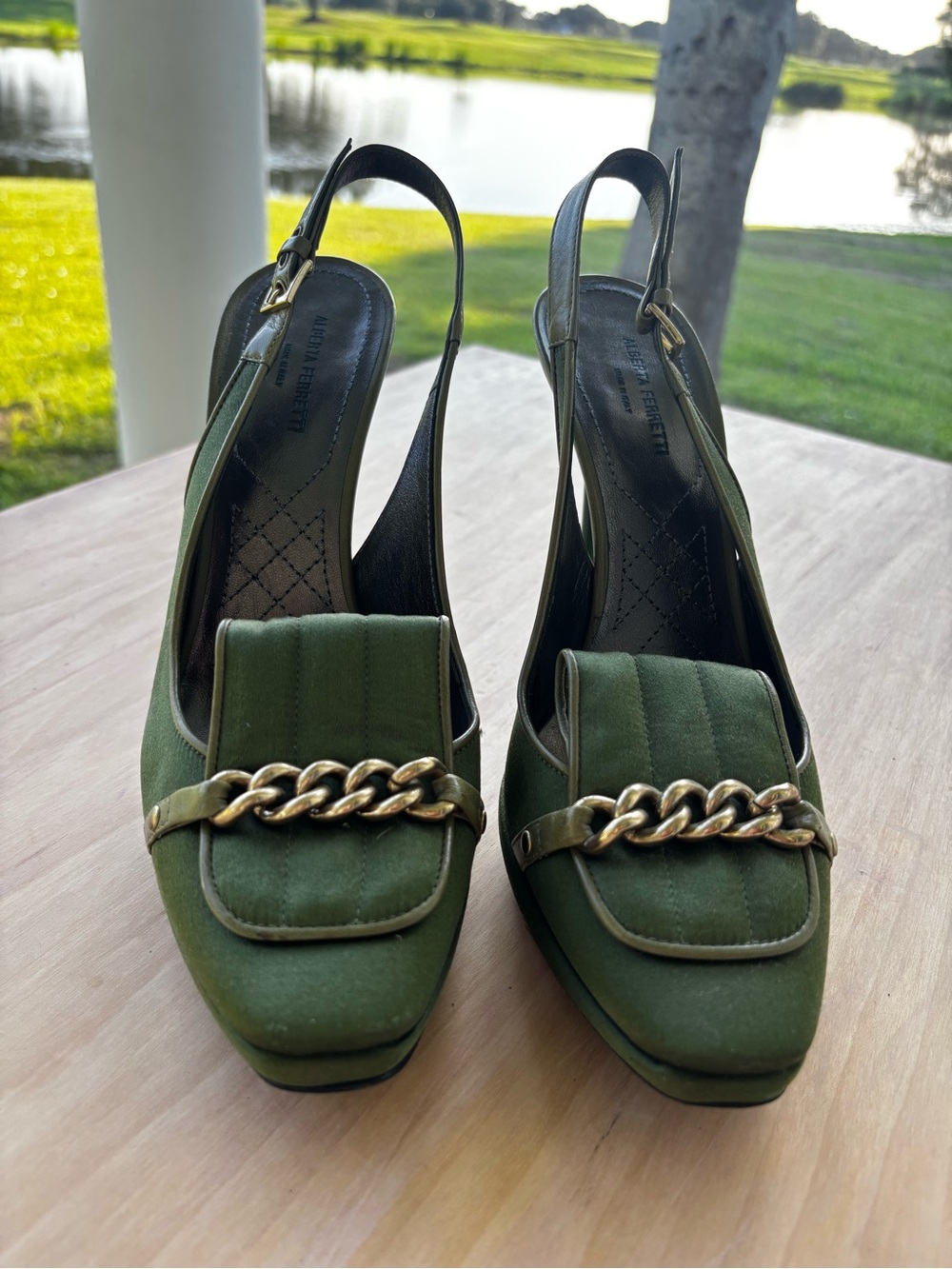 Alberta Ferretti Olive Green Slingback Heels with Gold Chain